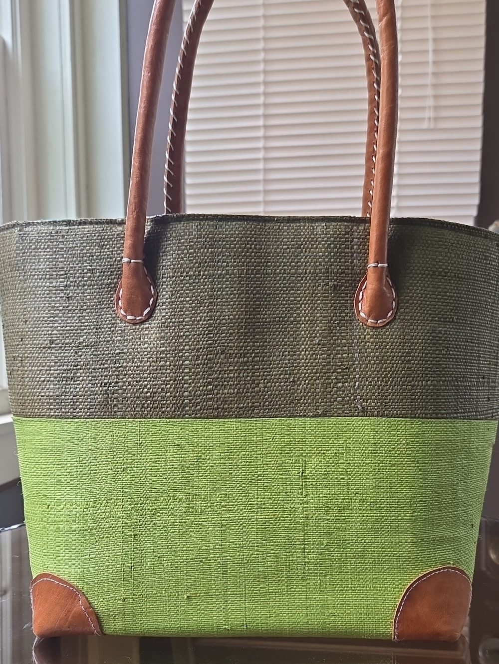 Hamdmade Green and Olive Straw Tote Bag with Brown Leather Trim